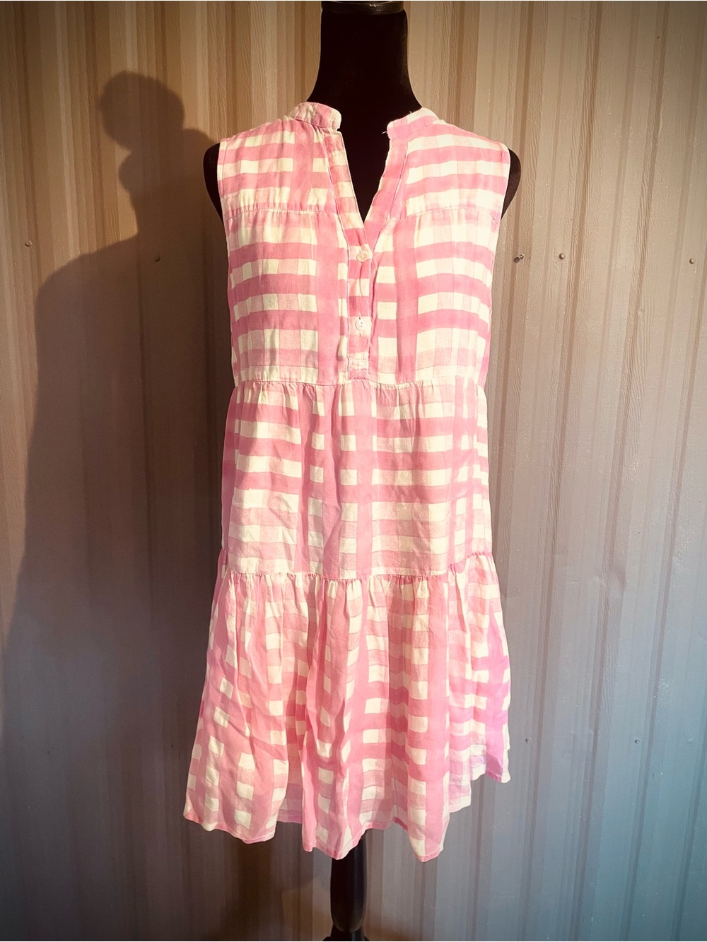 Oliphant Pink Summer Dress Airy Silk Blend Tiered Gingham Check Midi Lined sz S